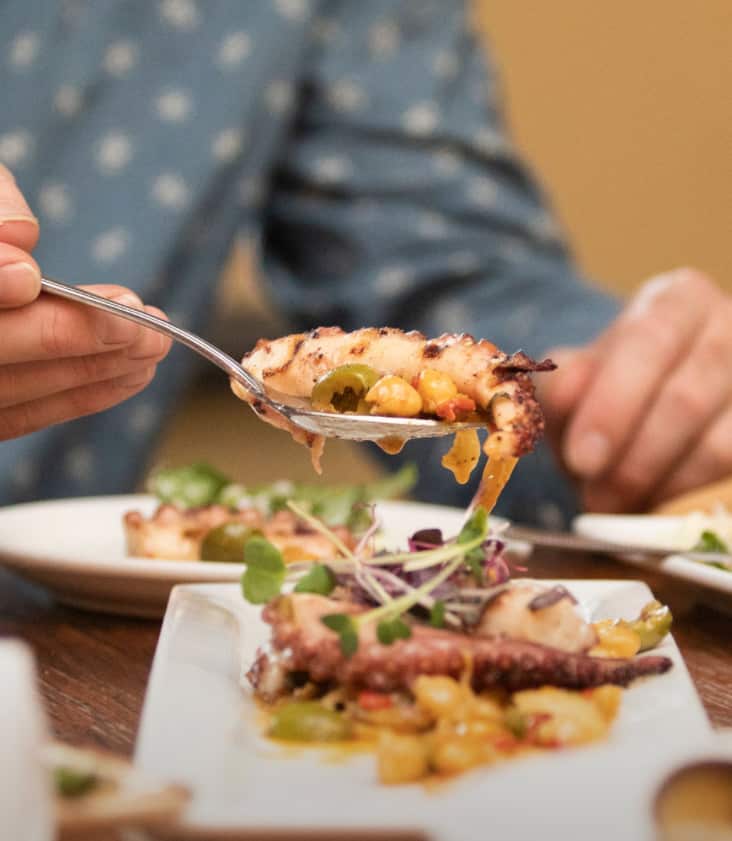 Eating food at a table